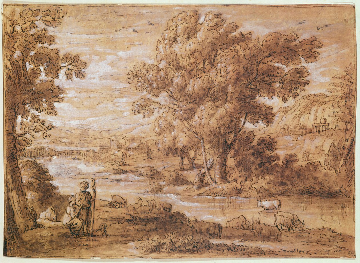 Pastýř a pastýřka (pero, akvarel a bistre wash) od Claude Lorrain