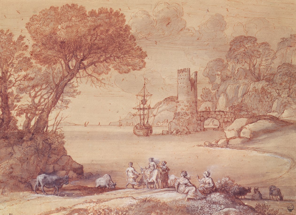 The Rape of Europa, 1655 (pero, inkoust a myčka) od Claude Lorrain