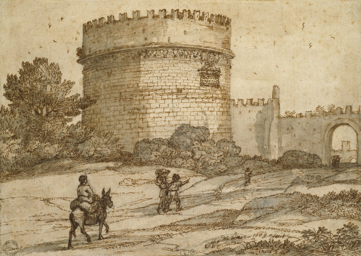 Hrob Cecilie Metella, 1669 (černá křída s perem a hnědým inkoustem a šedohnědé lavíry na špinavě bílém papíře s jemným povrchem) od Claude Lorrain