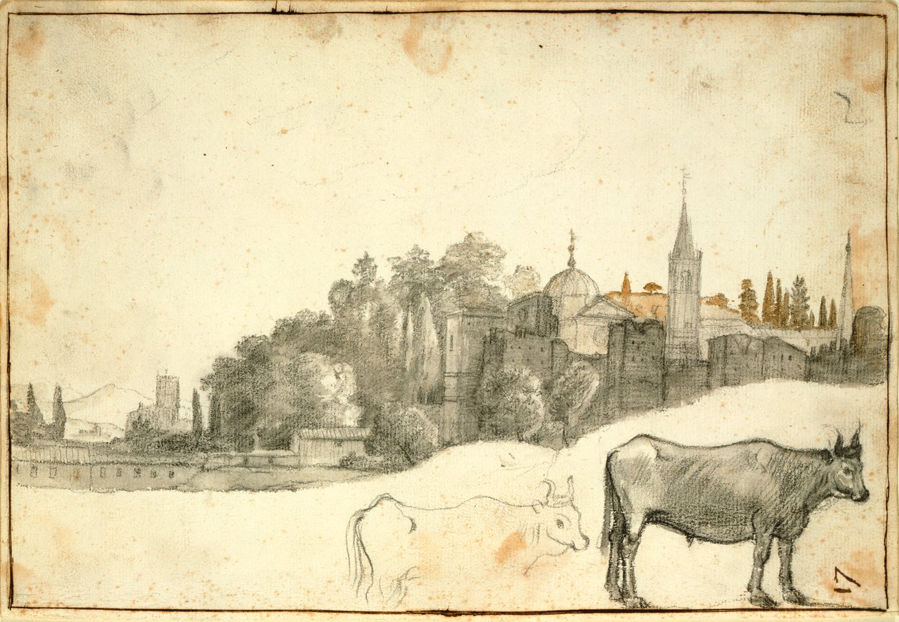 Pohled mimo náměstí Piazza del Popolo (černá křída a mytí na papíře) od Claude Lorrain