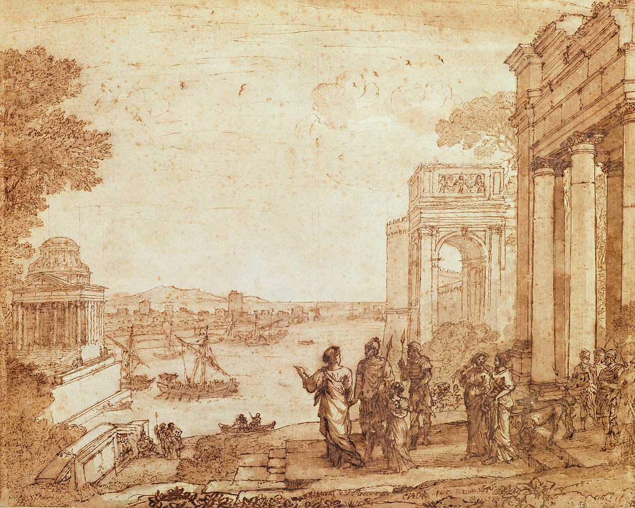 Pohled na Kartágo s Dido a Aeneem (pero, akvarel a bistre wash) od Claude Lorrain