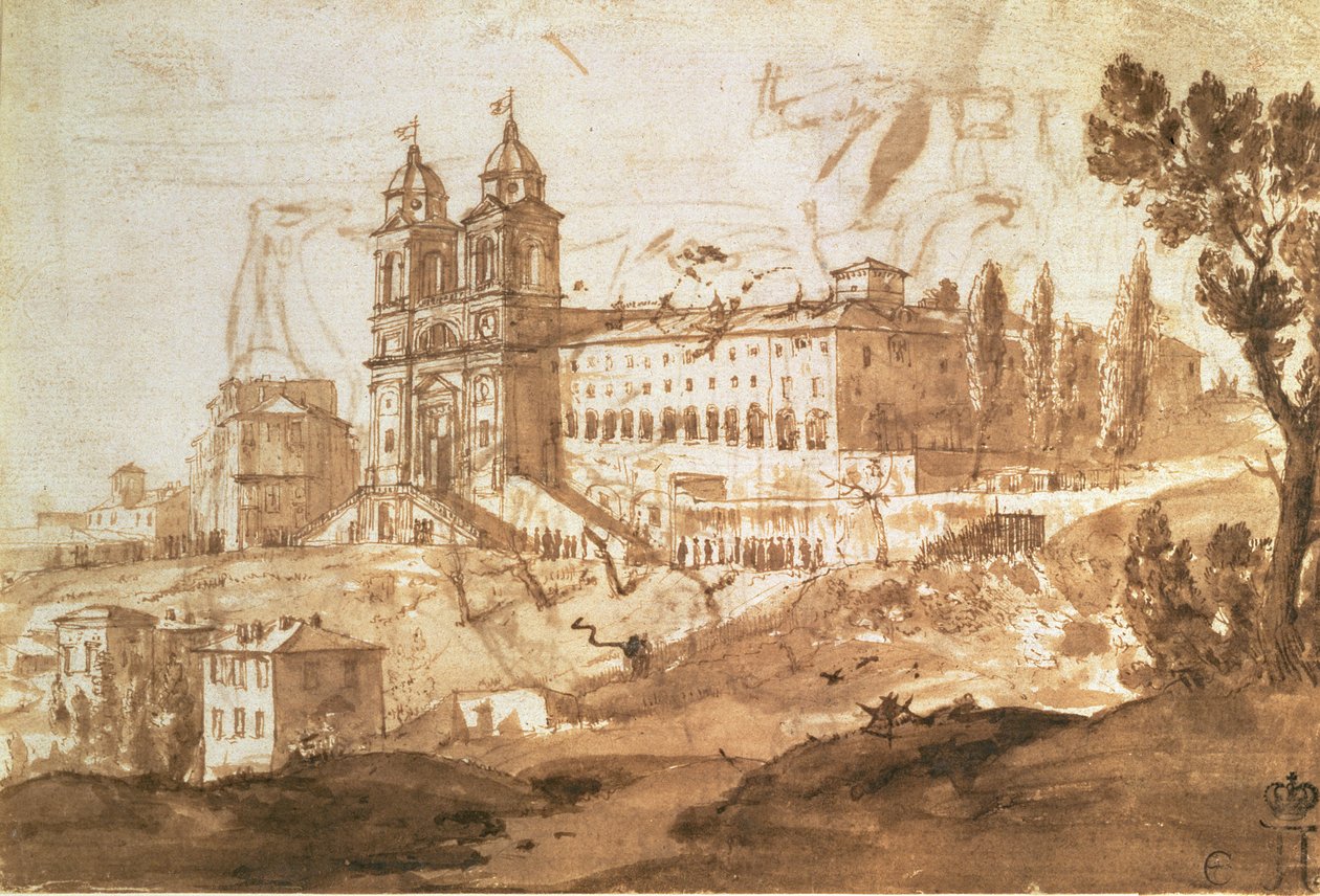 Pohled na kostel S. Trinita dei Monti, Řím, kolem roku 1632 (pero a inkoust s hnědým praním) od Claude Lorrain