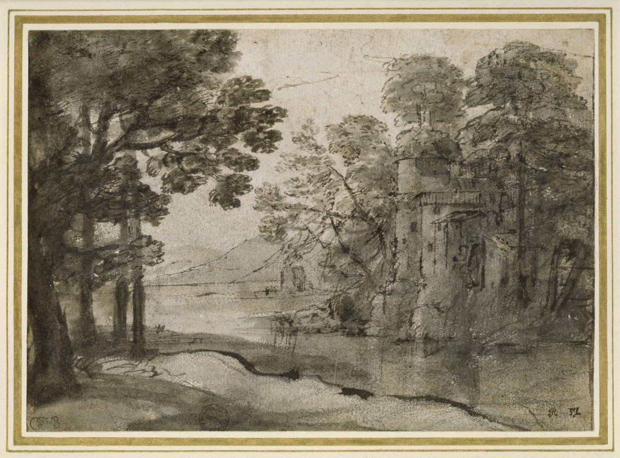 Watermill between Trees, c.1635-38 (pero a černý inkoust s šedým lavírováním přes černou křídu na bílém papíře) od Claude Lorrain