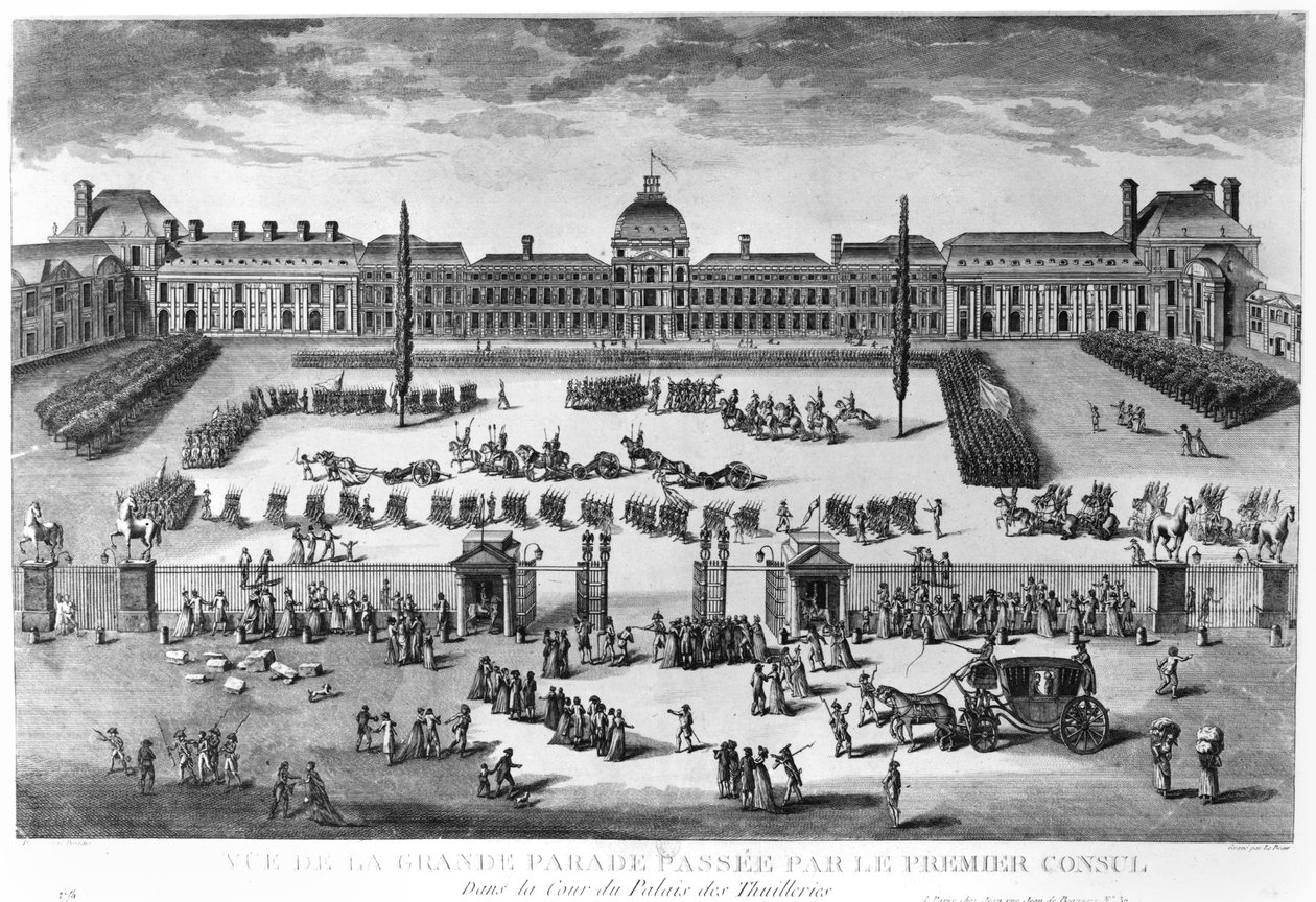 Napoleon Bonaparte (1769-1821) První konzul, Prohlíží si své jednotky na nádvoří paláce Tuileries, vyryl Pierre Adrien Le Beau (nar. 1748) od Claude Louis Desrais