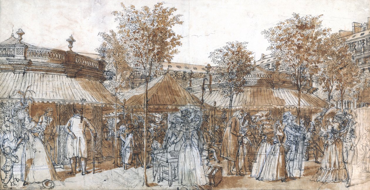 Palais Royal Garden Walk v roce 1787 (pero a hnědý inkoust na papíře) od Claude Louis Desrais