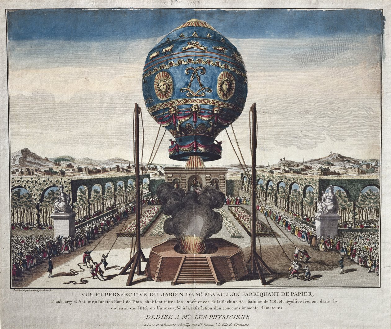 Pohled na balónový experiment bratří Montgolfierů v zahradě M. Reveillona 19. října 1783 od Claude Louis Desrais