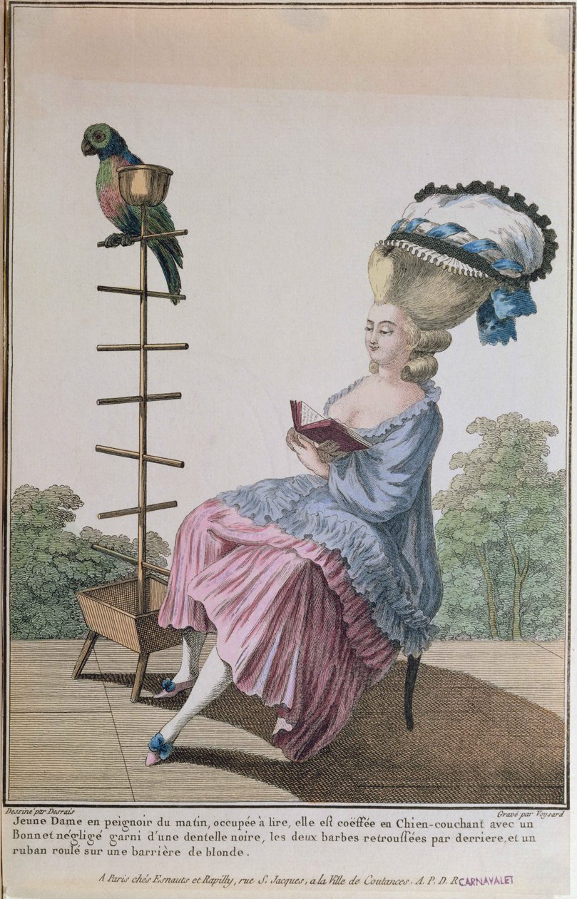 Mladá žena čtoucí v denních šatech s propracovaným účesem a čepicí, deska 20 z „Galerie des Modes et Costumes Francais“, vyryla Etienne Claude Voysard (1746-1812) 1778 od Claude Louis Desrais