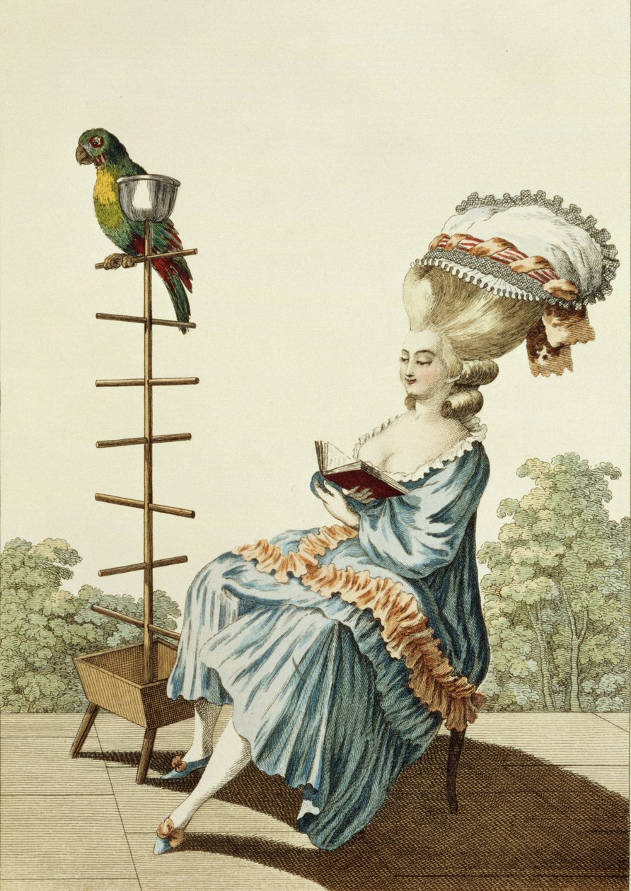 Mladá žena čtoucí v denních šatech s propracovaným účesem a čepicí, deska 20 z „Galerie des Modes et Costumes Francais“, vyryla Etienne Claude Voysard (1746-1812) 1778 od Claude Louis Desrais