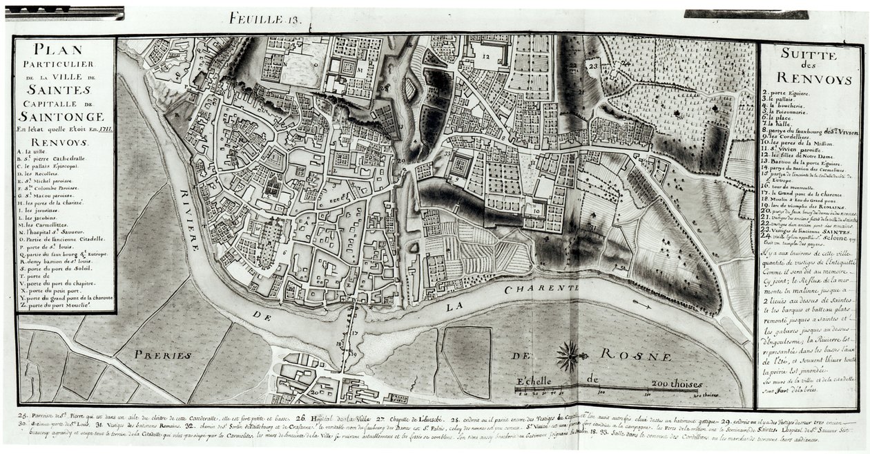 Atlas 131 fol.13 Mapa Saintes, hlavního města Saintonge, z "Recueil des Plans de Saintonge", 1711 (perem, tuší a čb na papíře) od Claude Masse