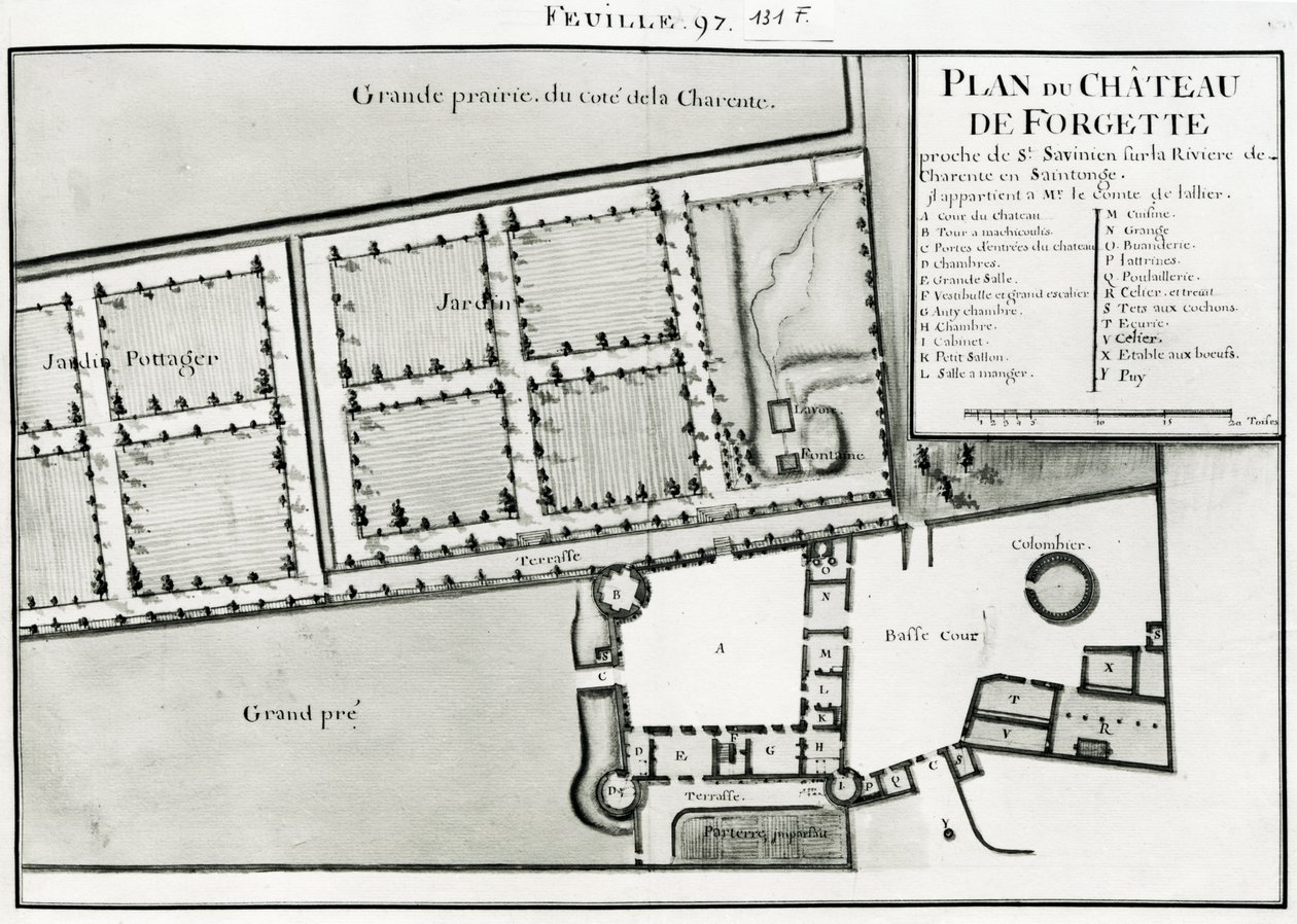 Fol.97 Plán zámku de Forgette, poblíž Saint-Savinien, z „Recueil des Plans de Saintonge“ (pero a inkoust a wc na papíře) od Claude Masse