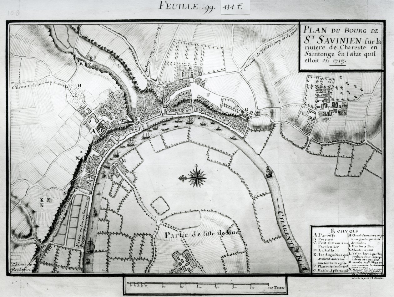 Fol.99 Mapa Saint-Savinien na řece Charente v roce 1713, z „Recueil des Plans de Saintonge“ (pero a inkoust a wc na papíře) od Claude Masse