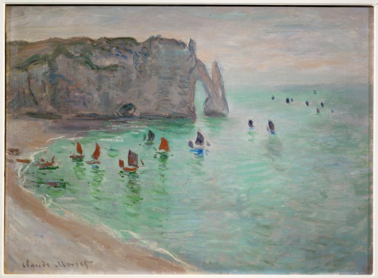 Etretat, Porte d’Aval: rybářské lodě opouštějící přístav od Claude Monet