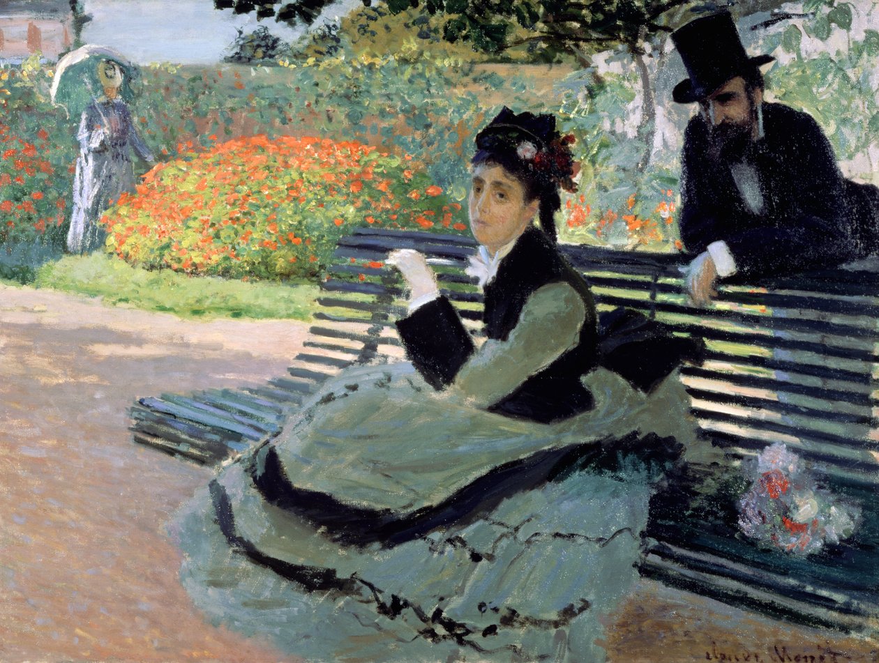 Madame Monet na zahradní lavičce od Claude Monet