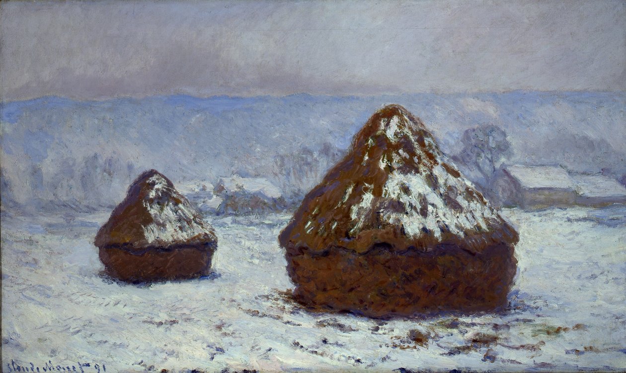 Mlýnské kameny, sněhový efekt, 1891 od Claude Monet