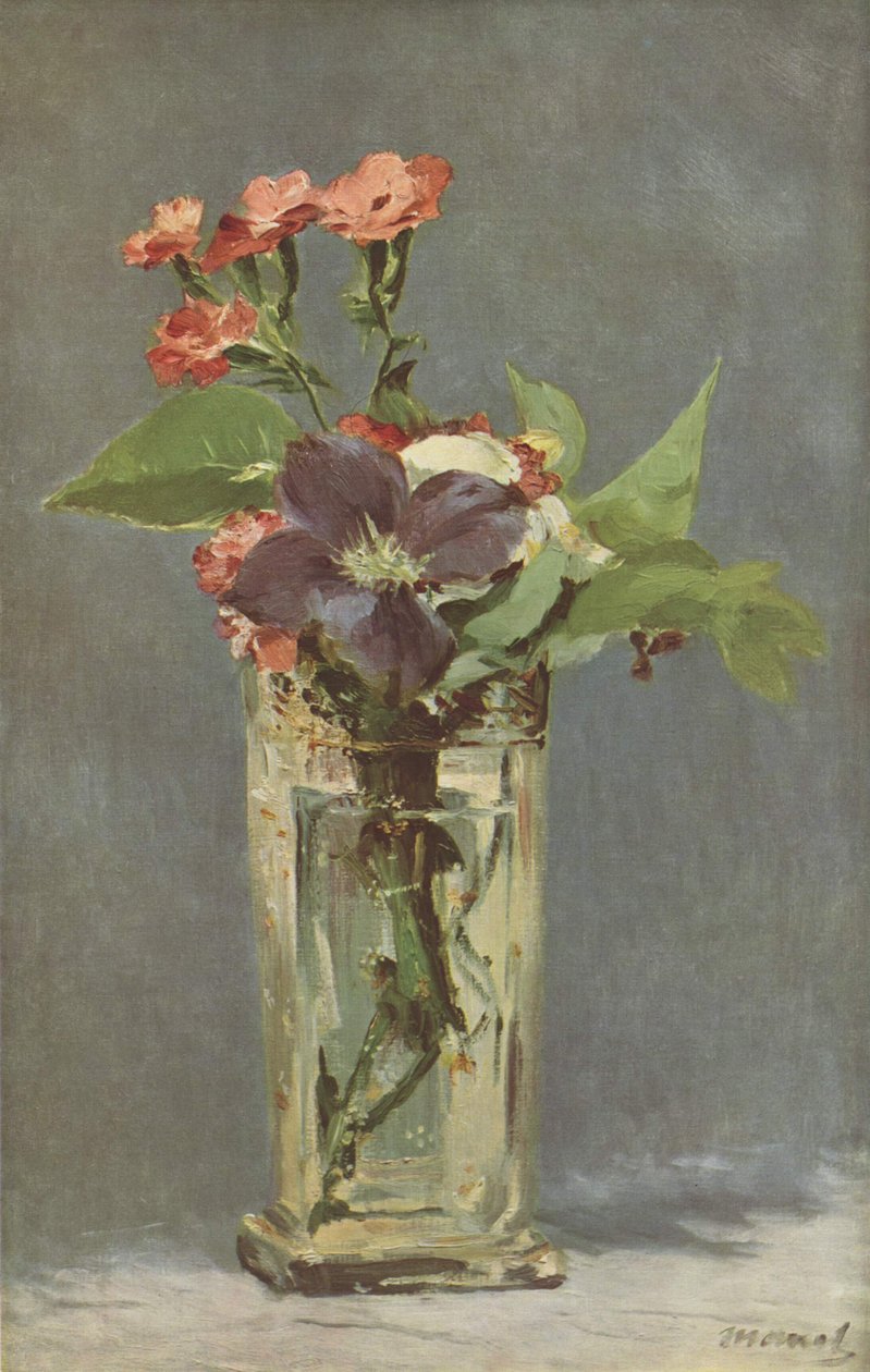 Karafiáty a plamének v křišťálové váze od Claude Monet