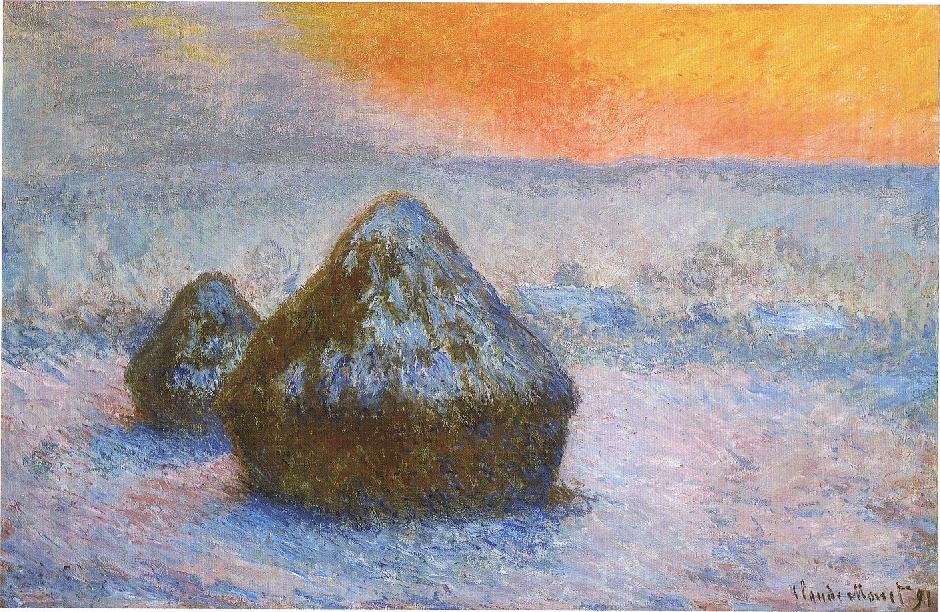 Hromádky pšeničného západu slunce, sněhový efekt od Claude Monet