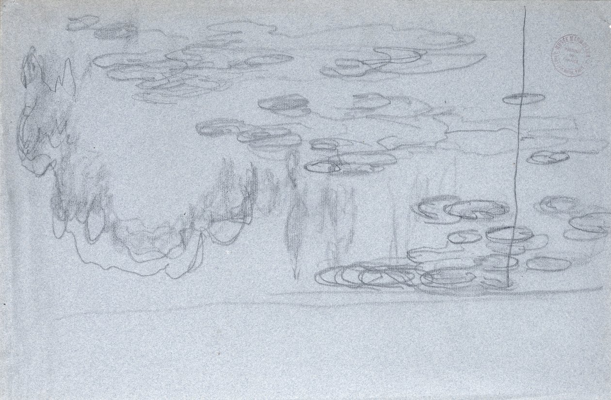 Lekníny, cca 1918 (černá pastelka na modrém pastelovém papíře) od Claude Monet