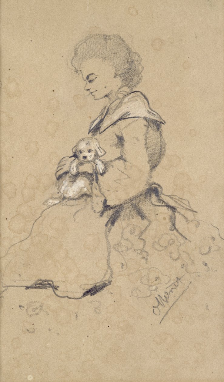 Ženy držící malého psa, 1857 (černá a bílá křída na papíře) od Claude Monet