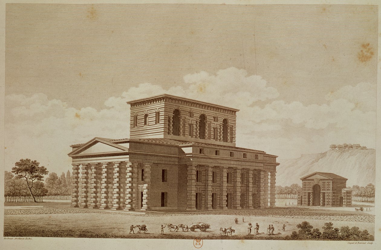 Perspektivní pohled na dům ředitele solných závodů v „ideálním městě“ Chaux, vyrytý Louisem Sellierem (nar. 1757) a Coquetem, kolem roku 1801 od Claude Nicolas Ledoux