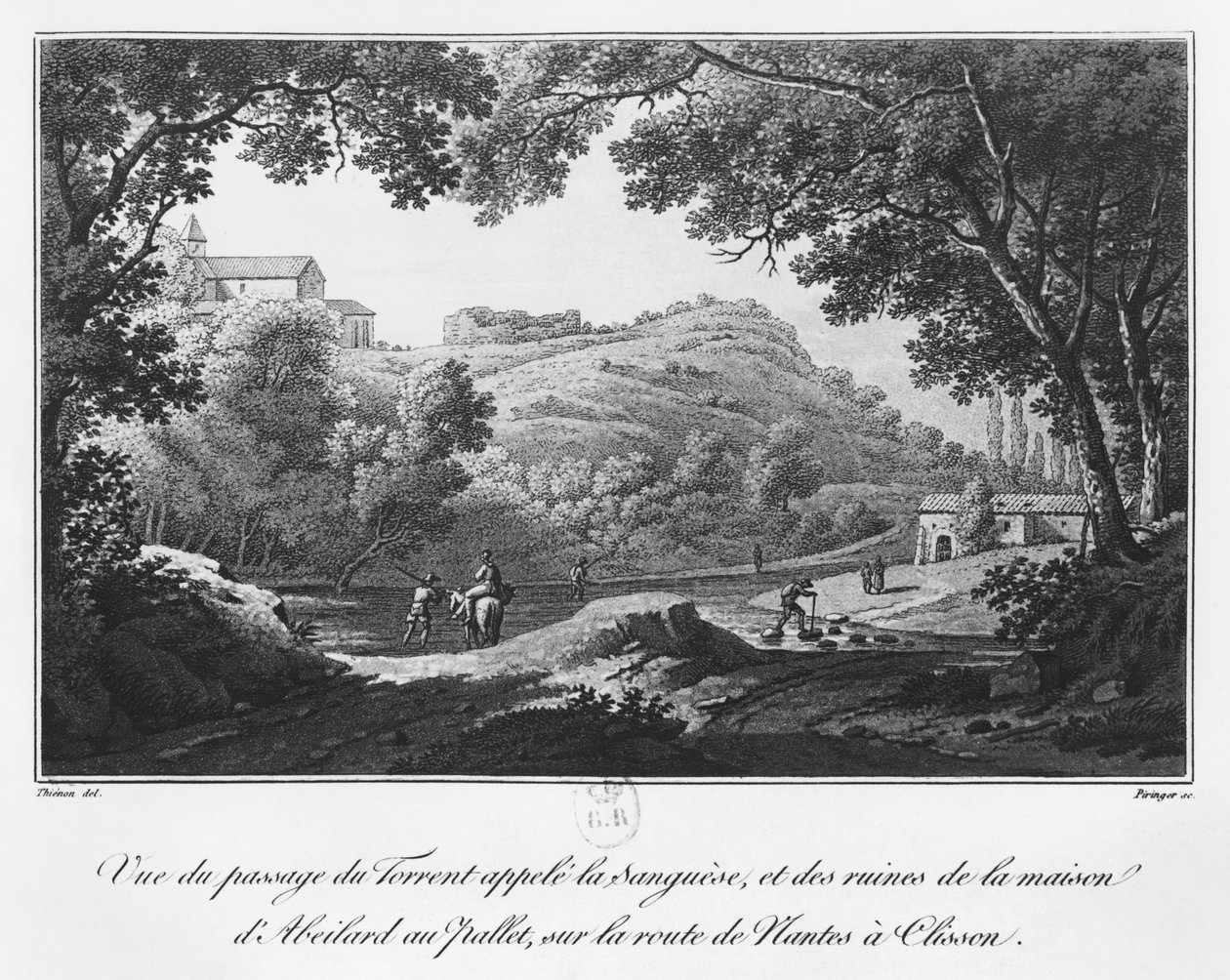 Pohled na bystřinu známou jako La Sanguese a ruiny domu Abelarda na Palletu, na cestě z Clisson do Nantes, ilustrace z „Voyage pittoresque dans le bocage de la Vendee ou v od Claude Thienon