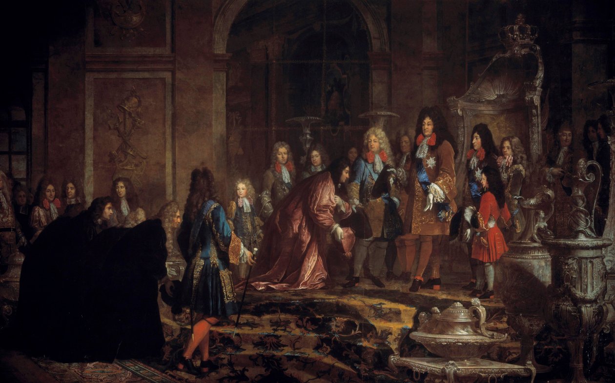 Odškodnění králi Ludvíku XIV. dóžetem genů v Galerii des Glaces ve Versailles, 15. května od Claude Guy Halle