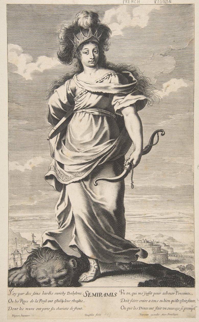 Semiramis ze Sedmi divů světa, kolem 1639-40 (lept a rytina) od Claude (after) Vignon