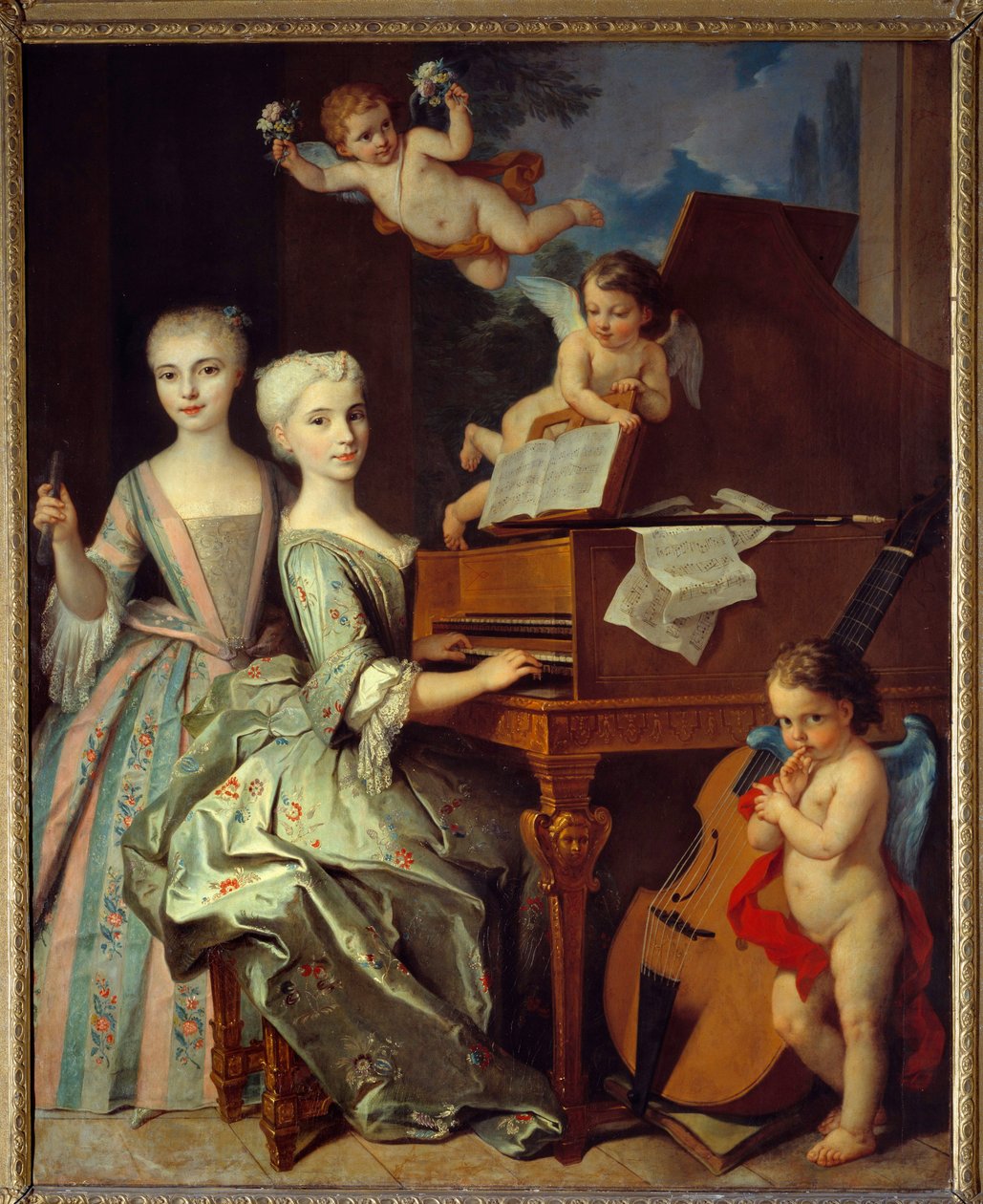 Adelaide de Gueidan a jeho sestra u cembala: Adelaide (1725-1786) a její sestra Catherine (1726-1759) jsou členy velké provensálské rodiny. Jsou obklopeni hudebními anděly. 1735-1740. Olej na plátně od Clauda Arnulphyho (1697-1786). Musee od Claude Arnulphy