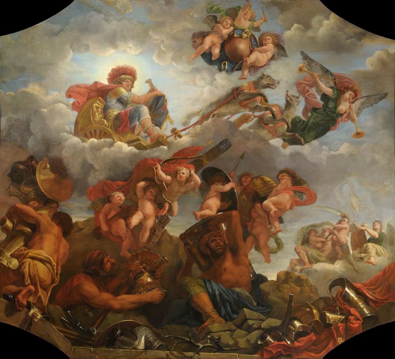 Francouzština:  Mars sur son char tiré par des loups Mars na svém voze taženém vlky od Claude Audran the Younger