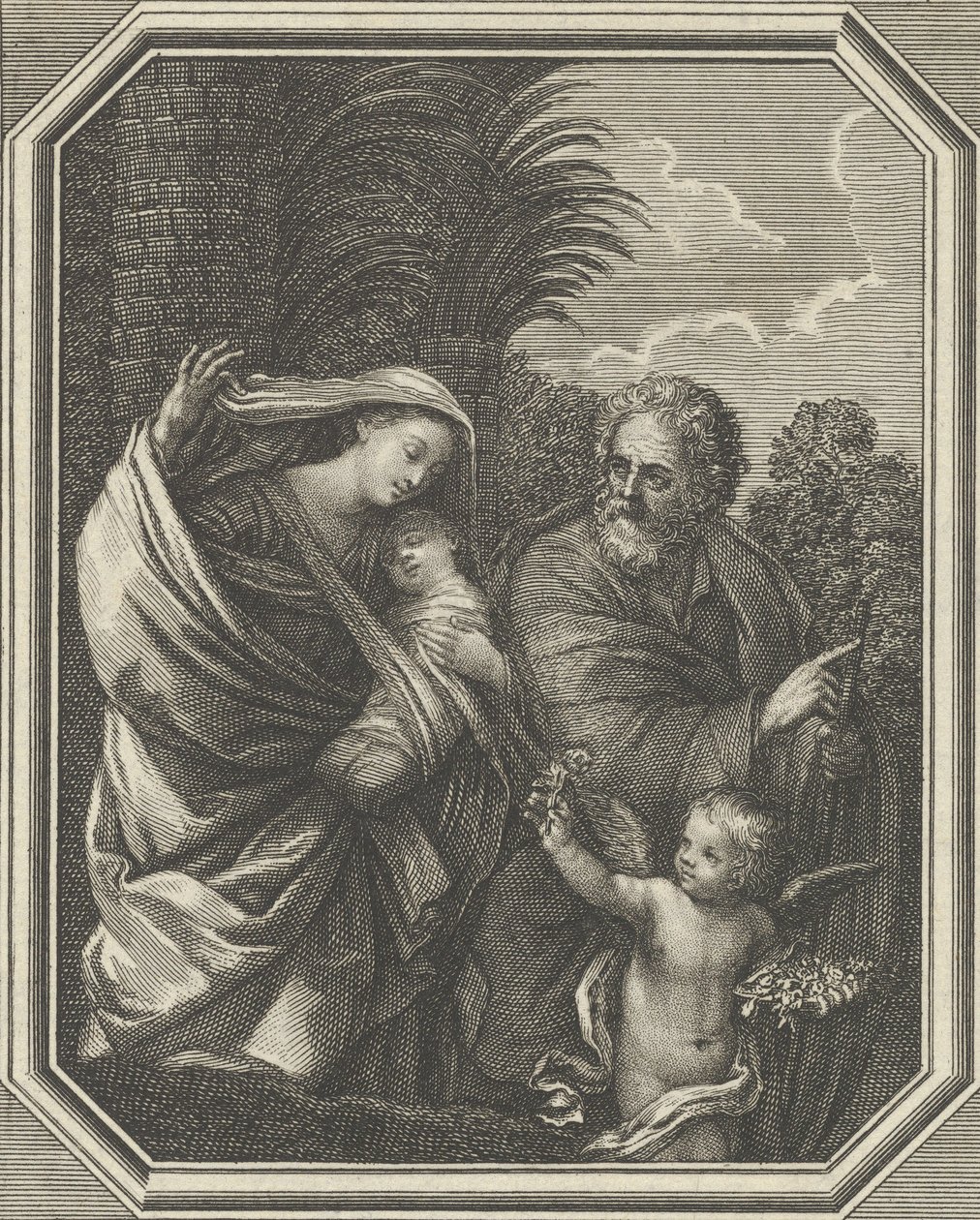 Útěk do Egypta, svatá rodina kráčející s mladým Janem Křtitelem, tre..., ca. 1720-86. od Claude Augustin Duflos
