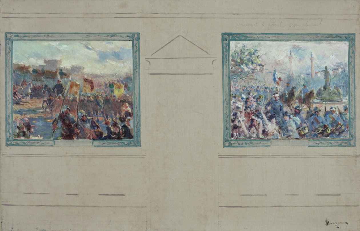 Skica radnice 12. pařížského obvodu: Revue militaire. Défilé place de la Nation, asi 1910 (olej na plátně) od Claude Charles Bourgonnier