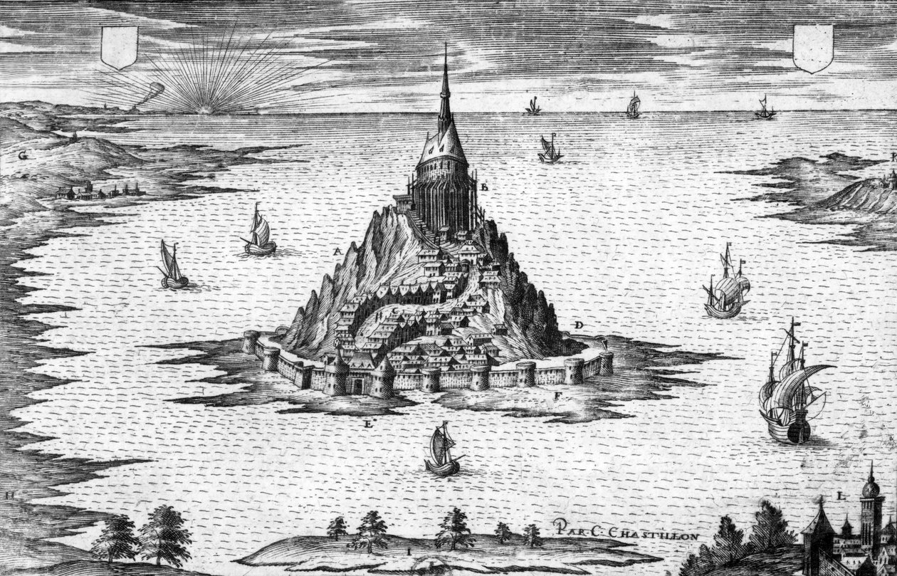 Mount Saint Michel v Normandii (Francie), rytina Chastillon od Claude Chastillon