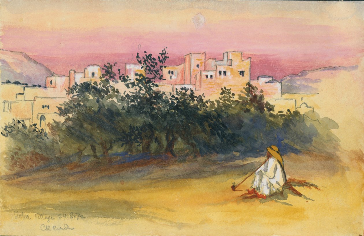 Jeba Village, 1872 (toaleta a tužka na papíře) od Claude Conder