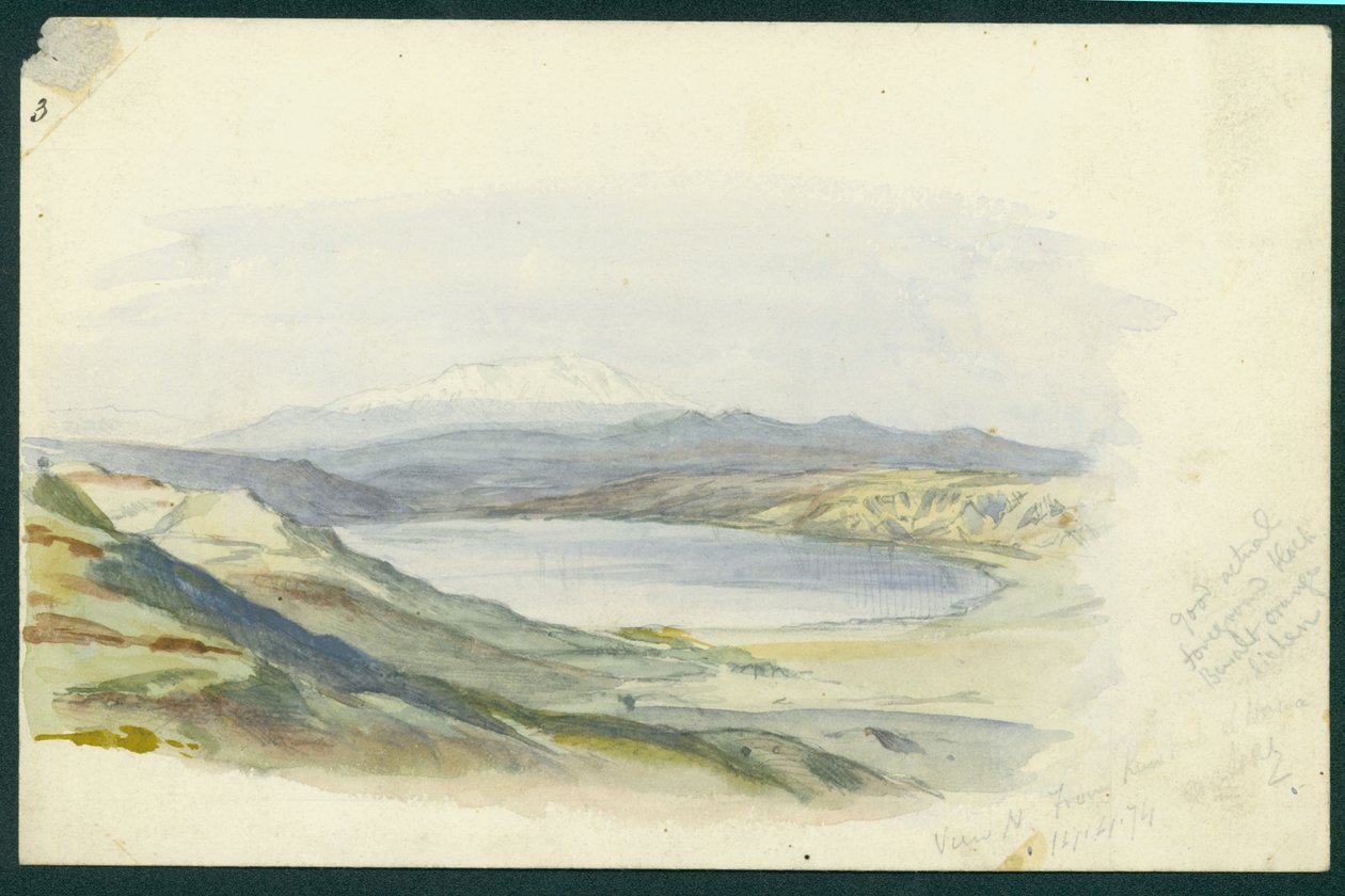 Hora Hermon a Galilejské jezero, 1874 (wc a tužka na papíře) od Claude Conder