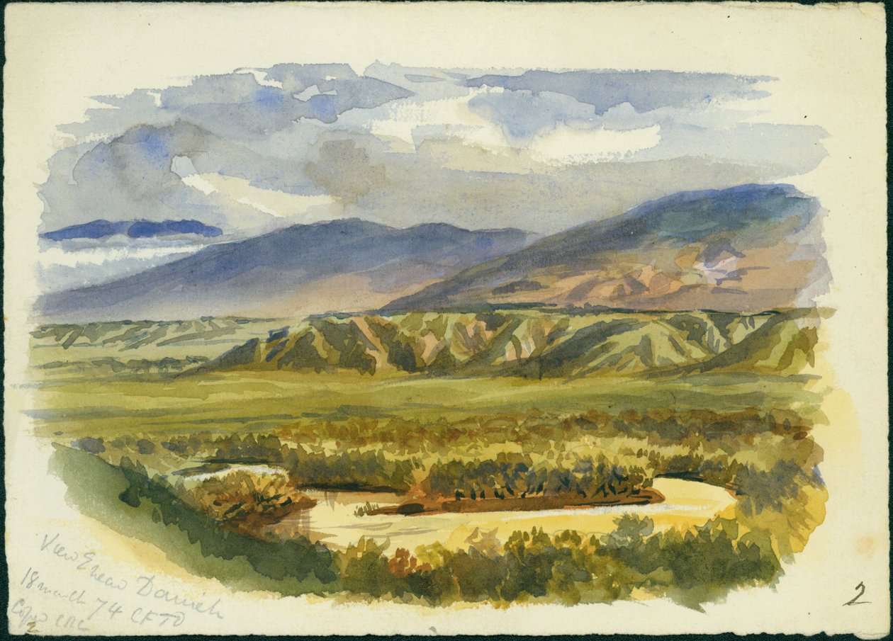 Pohled poblíž Damieh, Jordan Valley, 1874 (wc a tužka na papíře) od Claude Conder