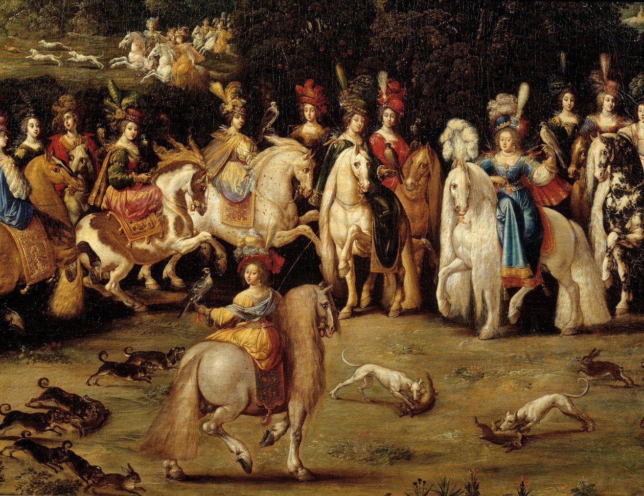 Čtyři živly. Detail vzduchu: Ecuyere lovecký sokol. Obraz od Clauda Derueta (1588-1662) od Claude Deruet