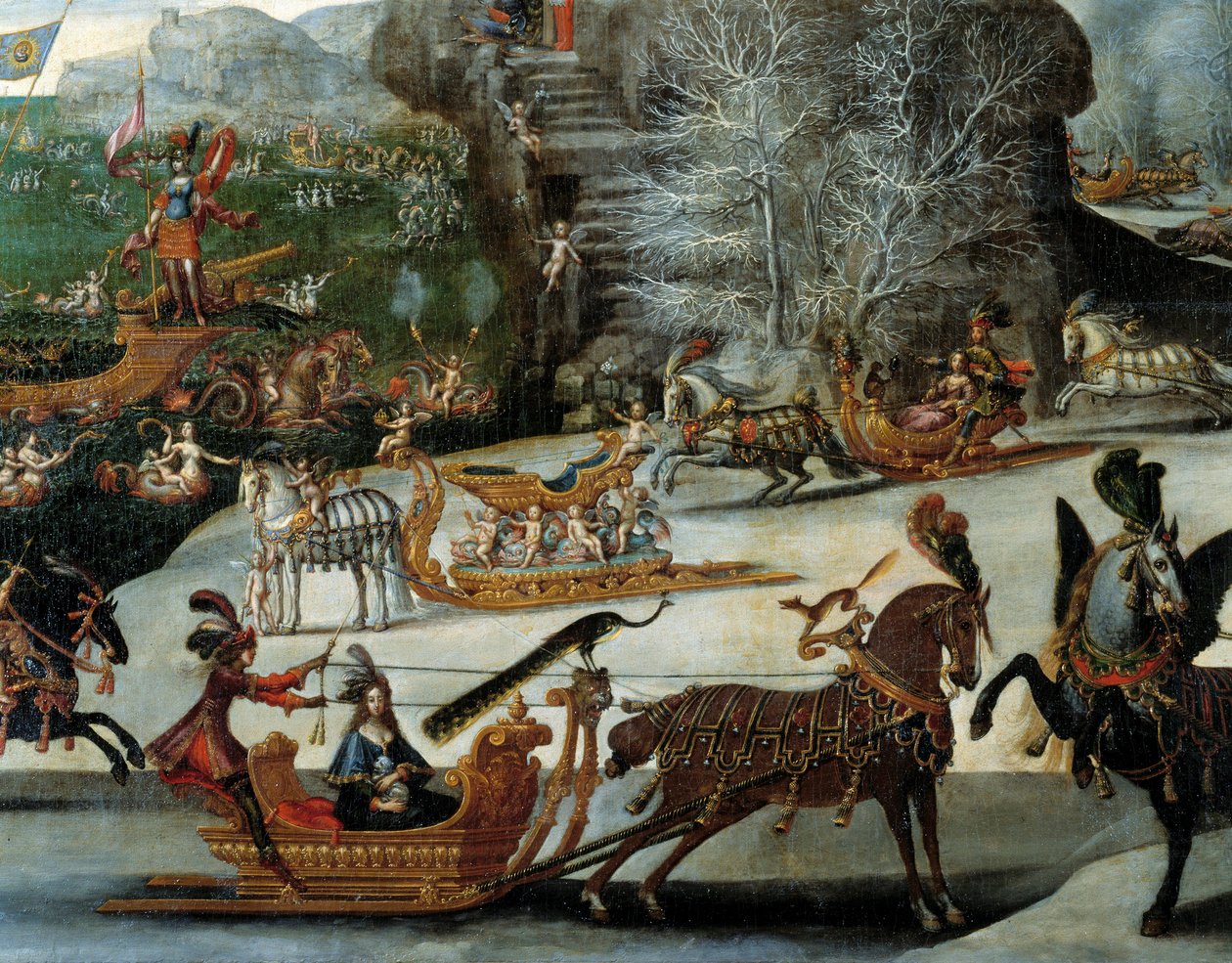 Sáně podrobně popisují čtyři živly: vodu. Obraz od Clauda Derueta (1588-1662) od Claude Deruet