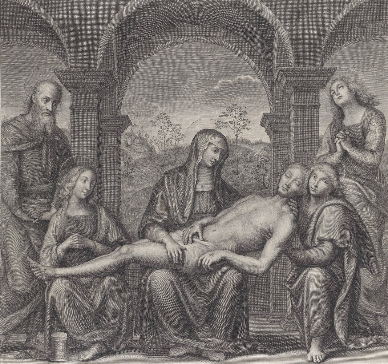 Kristus v hrobě, spočívající na klíně Panny, po Perugino, ca. 1685-1727. od Claude Duflos