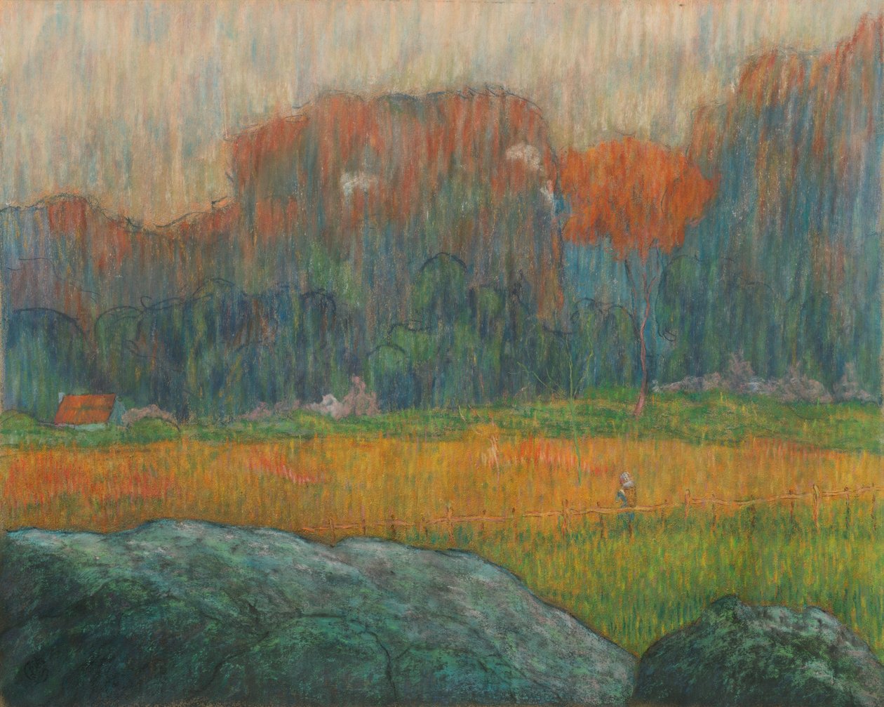 Krajina s postavou a domy, asi 1891 (pastel) od Claude Emile Schuffenecker