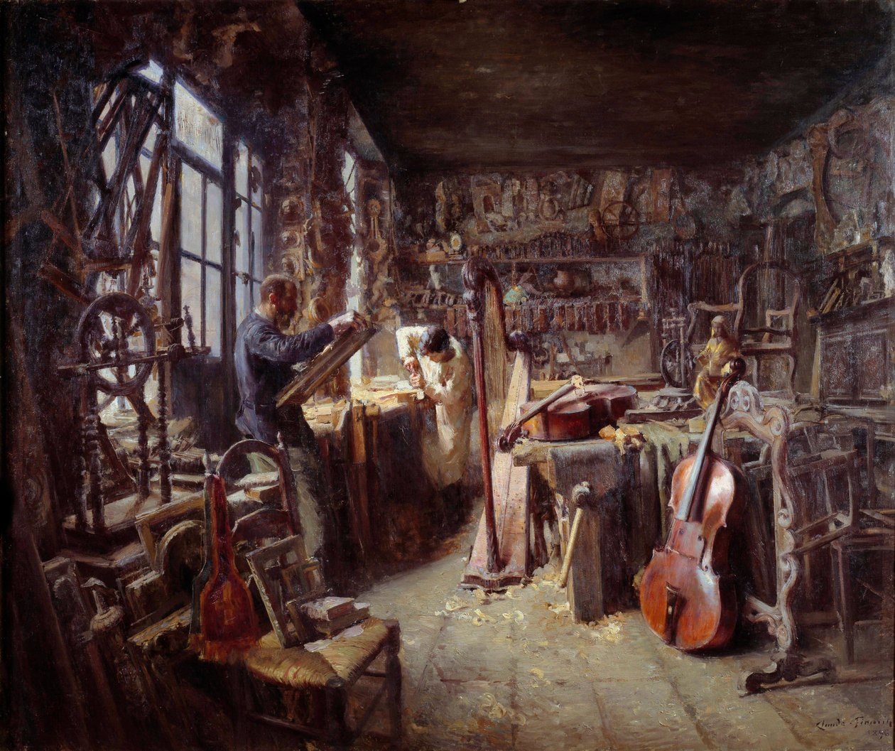 Restaurátor ve své dílně plné nástrojů. Obraz Clauda Firmina (1864-1944) 1896 Avignon musee Calvet Pozor! Použití tohoto díla může podléhat žádosti o autorizaci třetí stranou nebo dalším poplatkům od Claude Firmin