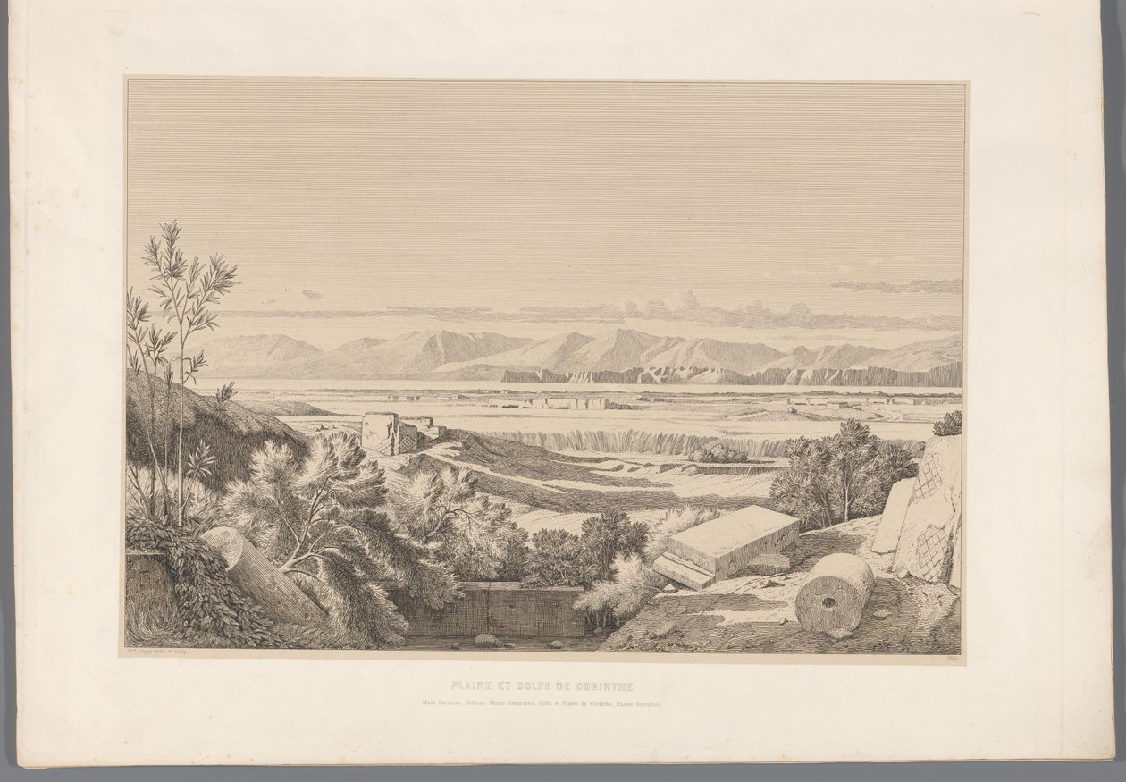 Landschap met zicht op ruins van Korinth Rovina a Korintský záliv (název na objektu) Pohledy na nejznámější místa starověkého Řecka (...) (název série) od Claude Félix Théodore Caruelle d