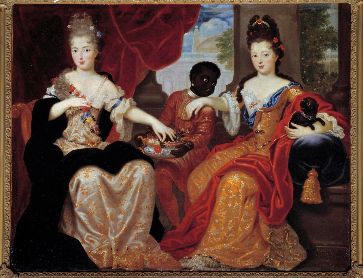 Portréty mademoiselle de Blois a mademoiselle de Nantes obsluhované jejich černým sluhou“““. Mademoiselle de Blois (1677-1749), budoucí manželka Louise de Bourbon, mademoiselle de Nantes (1673-1743), budoucí vévodkyně z Orleans. Obraz Claude Francois V od Claude Francois Vignon
