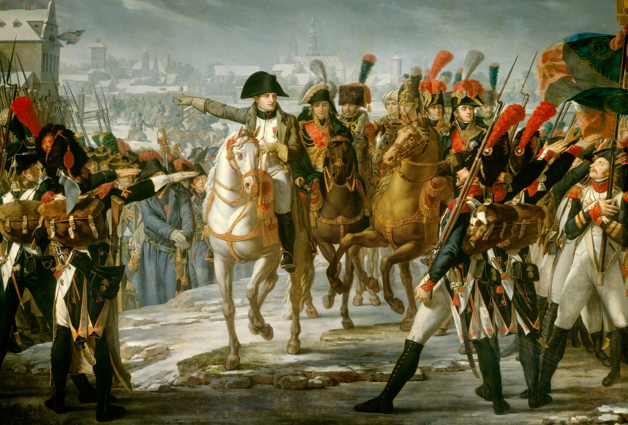 Císař Napoleon I. (1769-1821) zařídil 2. sbor Velké armády na mostě Lech před útokem Augsburgu 12.10.1805 Obraz Clauda Gautherota (1769-1825) 1808 Ne. 3,85x6,2m od Claude Gautherot