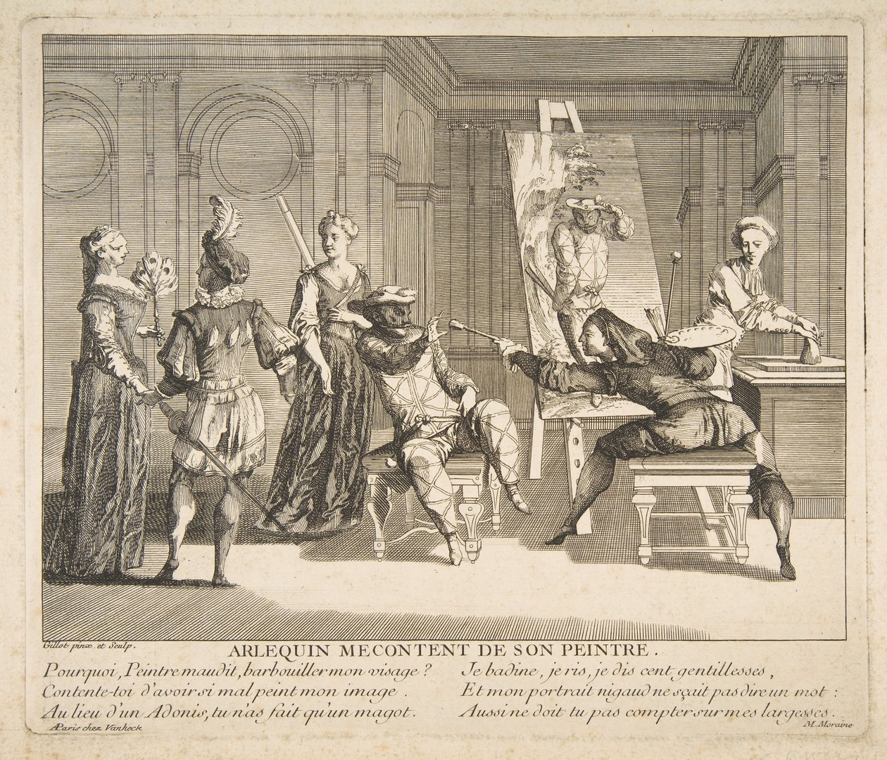 Harlekýn nespokojený se svým malířem.n.d. Tvůrci: Claude Gillot, Jacques Gabriel Huquier. od Claude Gillot, Jacques Gabriel Huquier