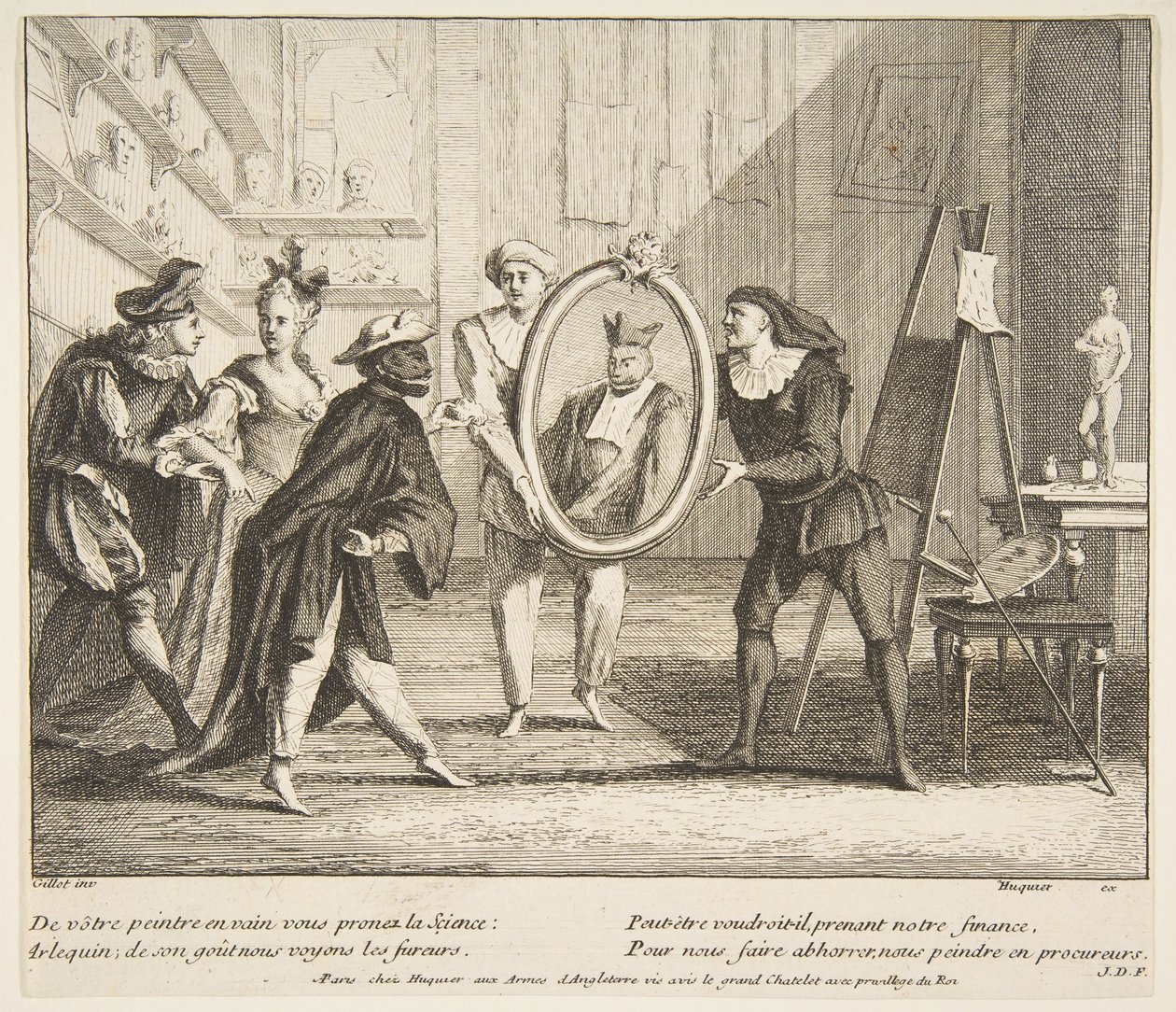 Pierrot a Scaramouche ukazují portrét Harlequin.n.d. Tvůrci: Claude Gillot, Jacques Gabriel Huquier. od Claude Gillot, Jacques Gabriel Huquier