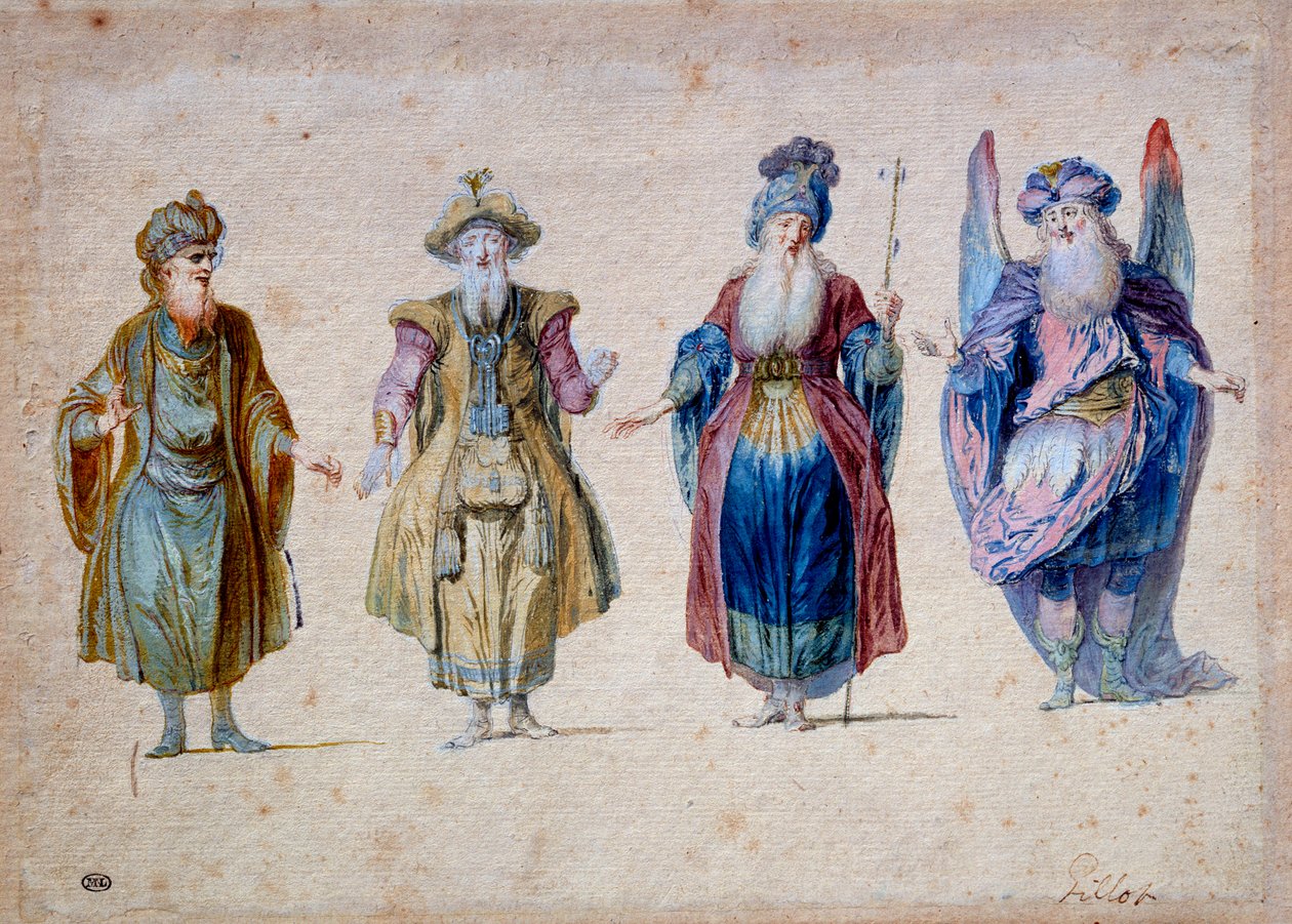 Čtyři kněží divadla Aquarelle Claude Gillot (1673-1722) Paříž, Musee du Louvre od Claude Gillot