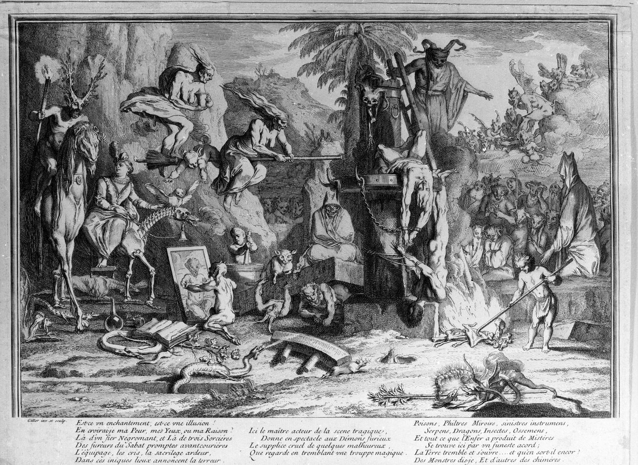 Sobotní obřady, démoni, čarodějnice a monstrózní stvoření tančí. Gravírování Gillot od Claude Gillot