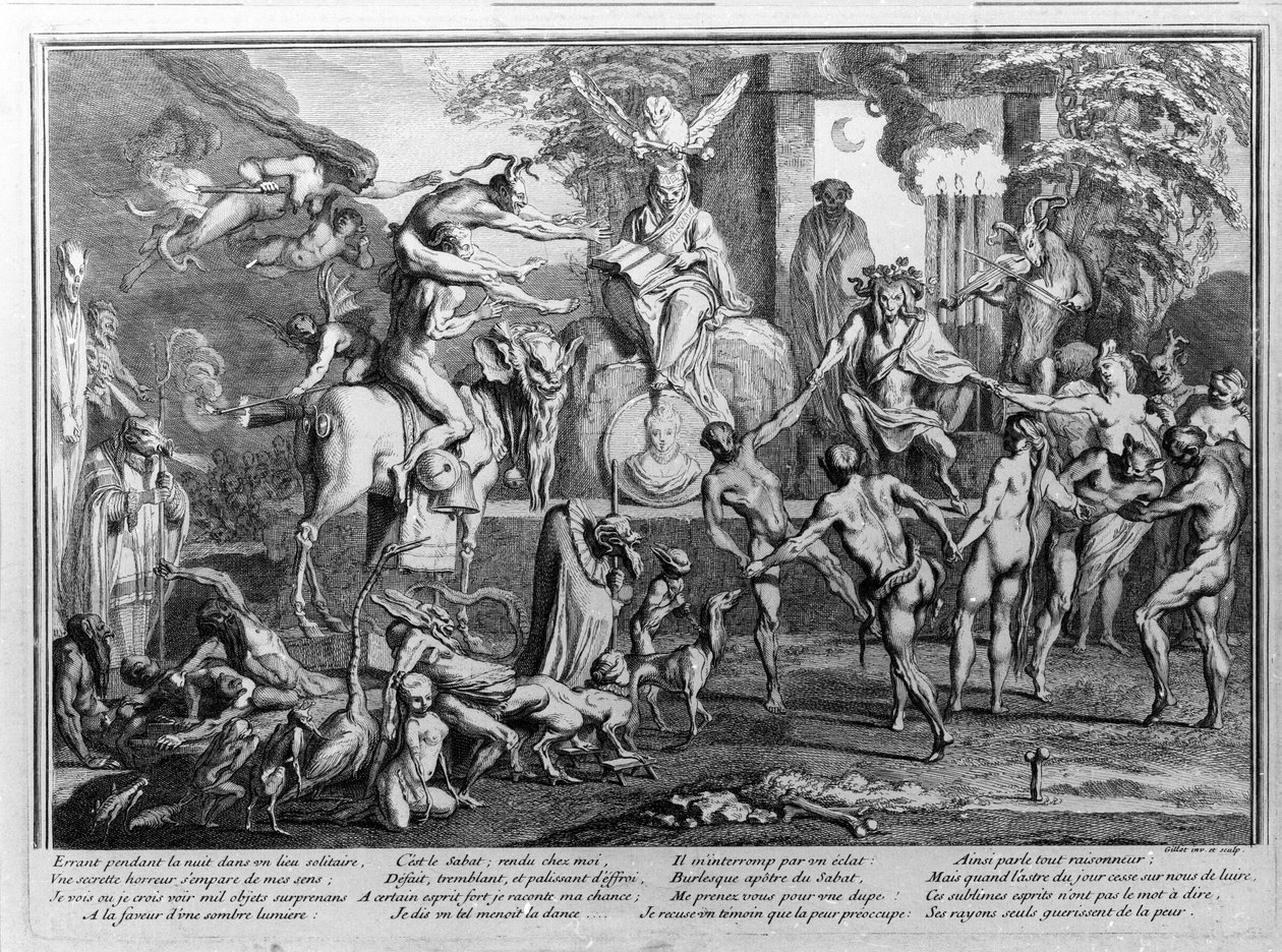 Šabatový obřad, démoni, čarodějnice a monstrózní stvoření tančí. Gravírování Gillet od Claude Gillot