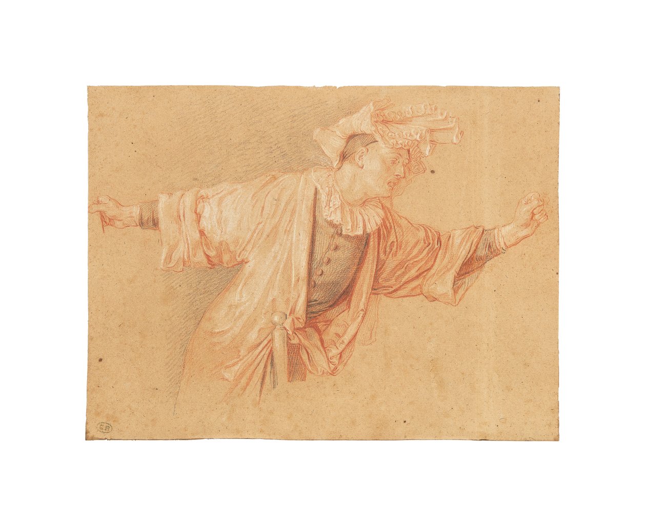 Studie pro Scaramouche, jeho paže natažené, c. 1707 (červená, černá a bílá křída, na světle šedém papíře) od Claude Gillot