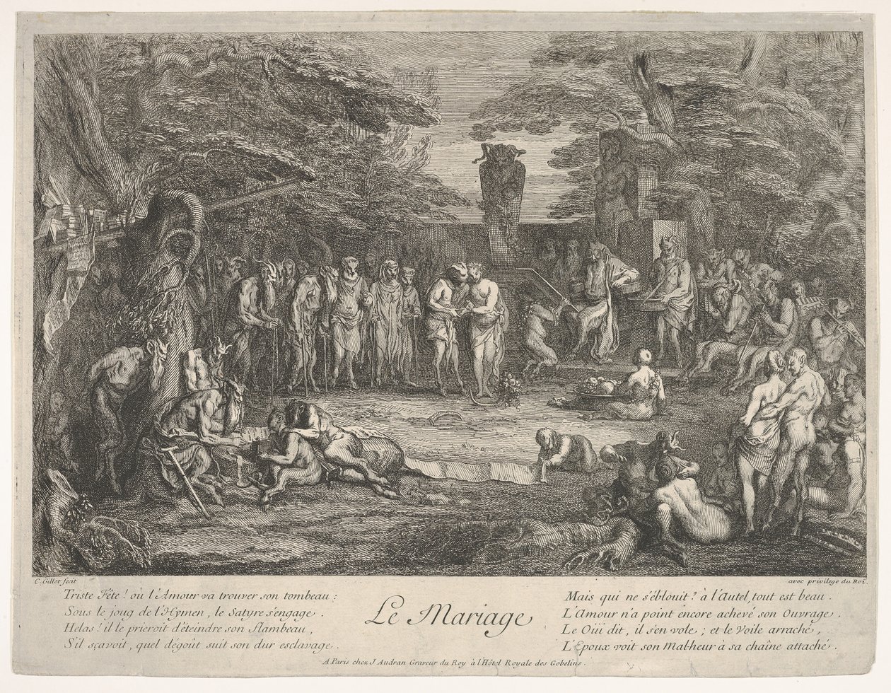 Manželství Le Mariage: v lese se starý satyr ožení se snoubenkou v cen..., ca. 1700-1720. od Claude Gillot
