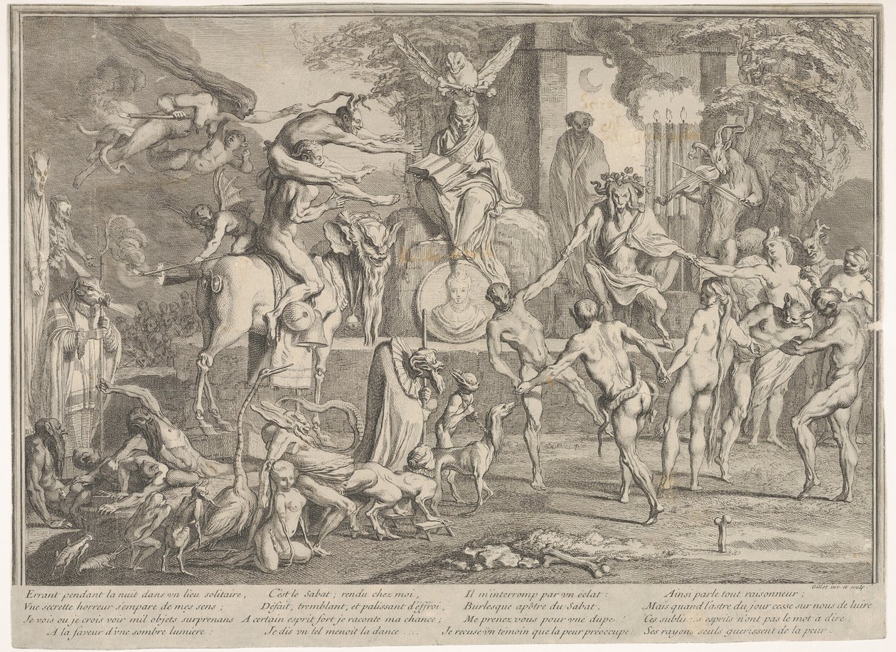 Witches Sabbath, v noční krajině, nekromancer sedící nahoře uprostřed..., ca. 1700-1720. od Claude Gillot